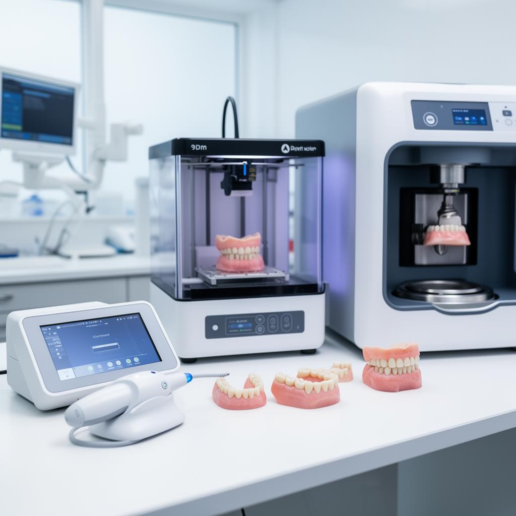 Laboratório odontológico próprio com scanner intraoral, impressora 3D e fresadora